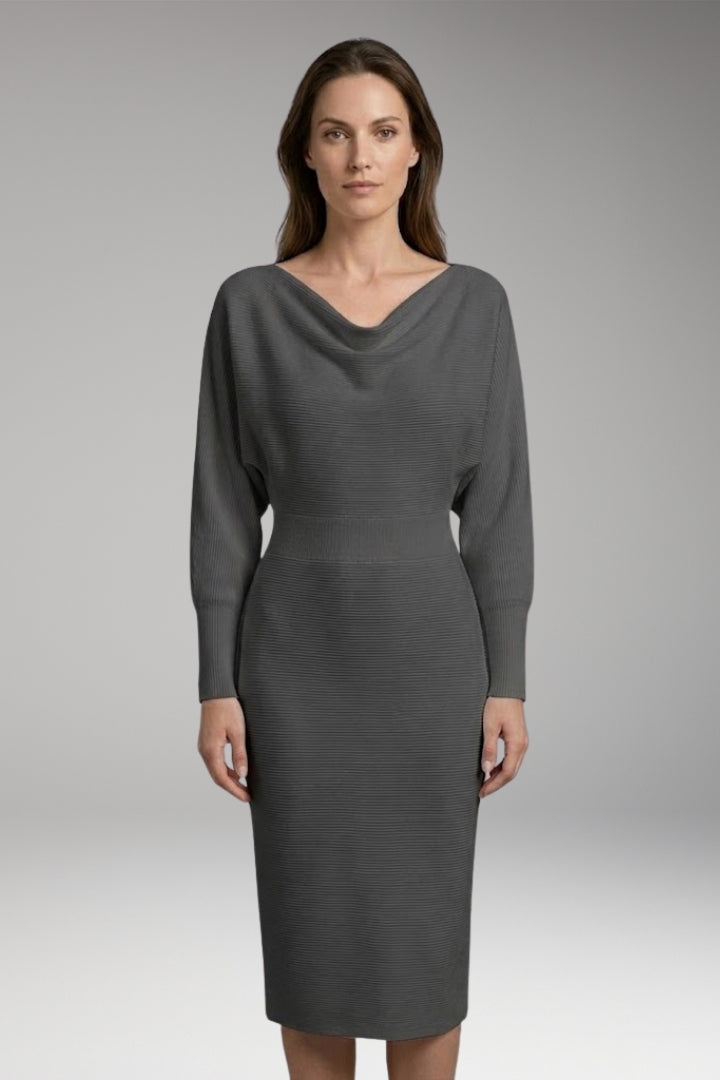 Women’s Midi Dress with Draped Neckline and Long Sleeves