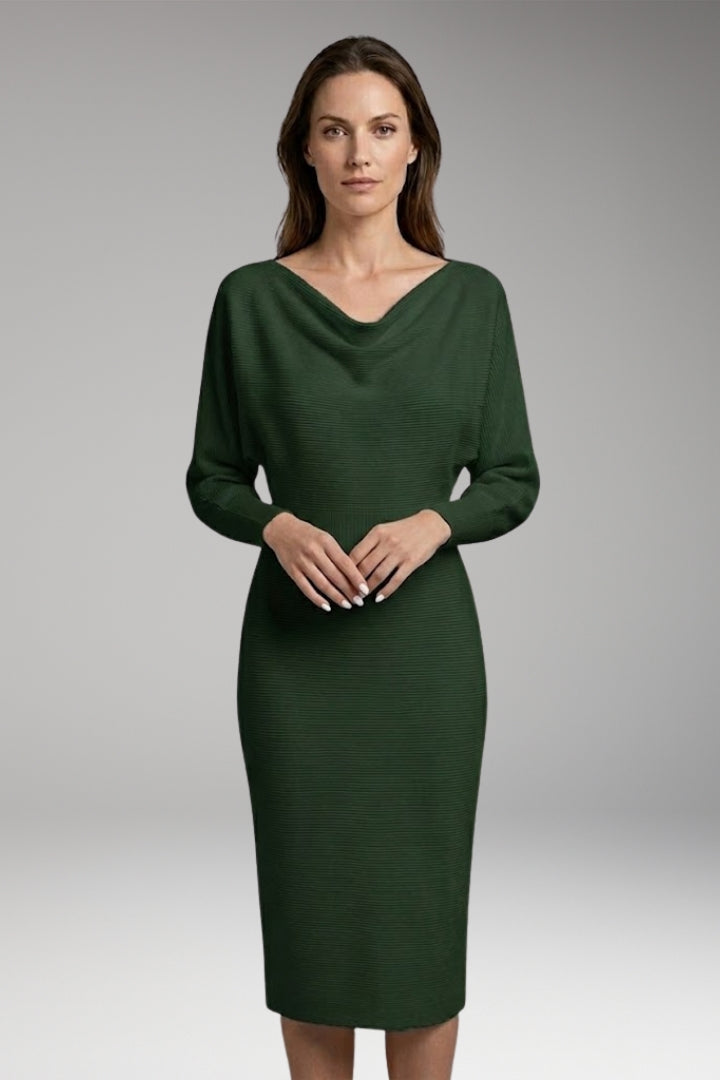 Women’s Midi Dress with Draped Neckline and Long Sleeves
