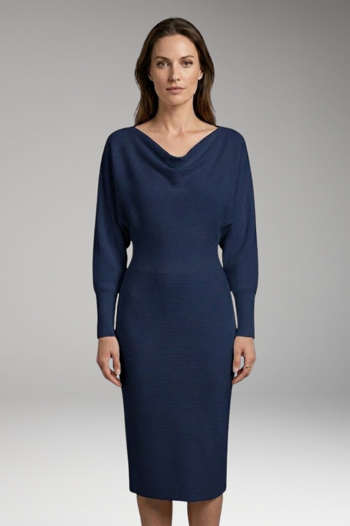 Women’s Midi Dress with Draped Neckline and Long Sleeves