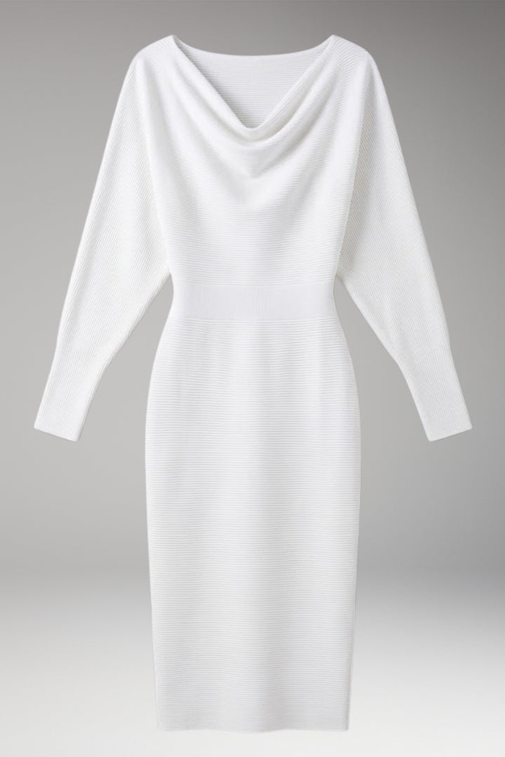Women’s Midi Dress with Draped Neckline and Long Sleeves