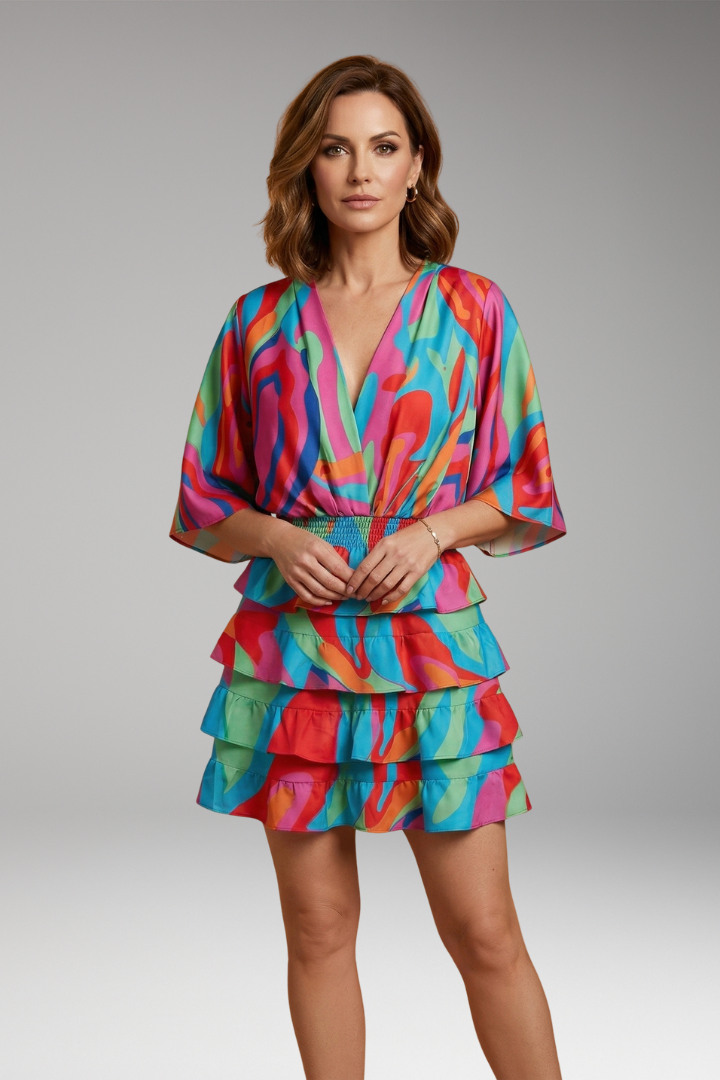 Women's Midi Dress with Elastic Waistband and Floral Print