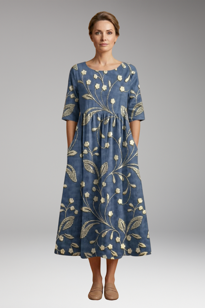 Women's Midi Dress with Embroidered Accents and Relaxed Fit