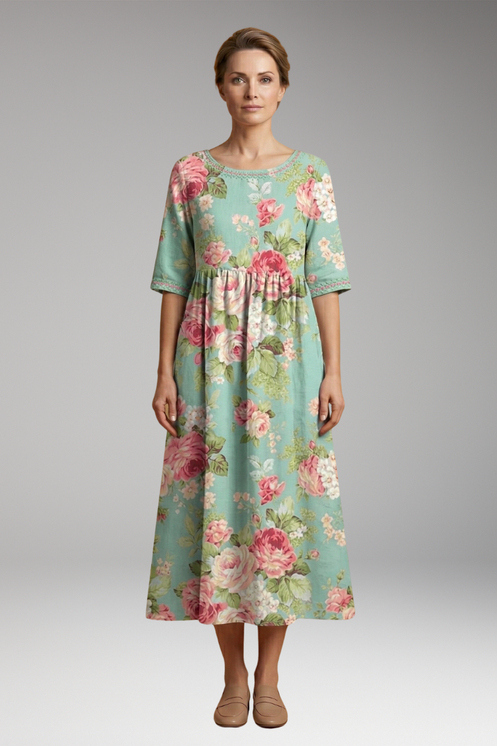 Women's Midi Dress with Embroidered Accents and Relaxed Fit