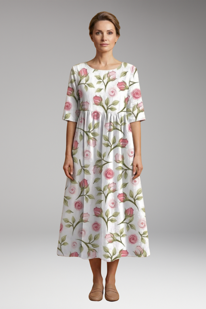 Women's Midi Dress with Embroidered Accents and Relaxed Fit