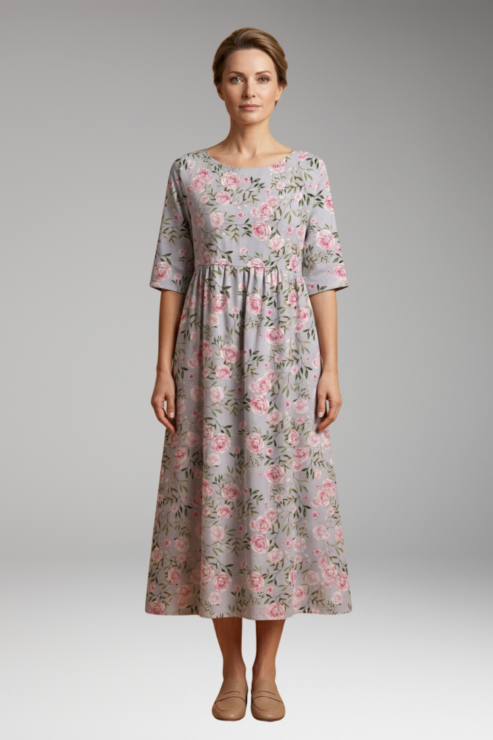 Women's Midi Dress with Embroidered Accents and Relaxed Fit