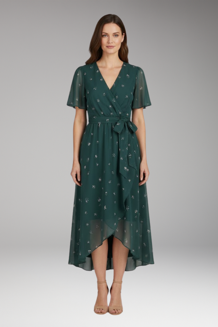 Women's Midi Dress with Floral Pattern and Classic Design