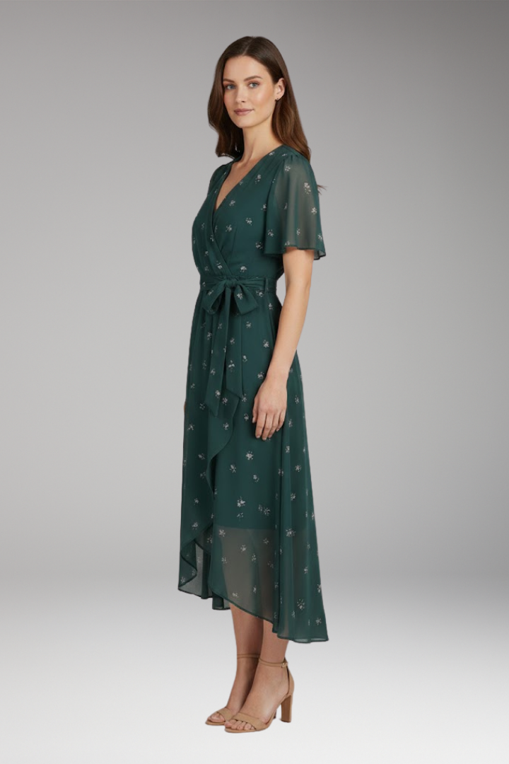 Women's Midi Dress with Floral Pattern and Classic Design