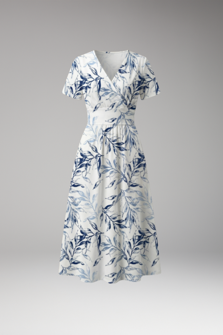 Women's Midi Dress with Floral Pattern and Wrap Neckline
