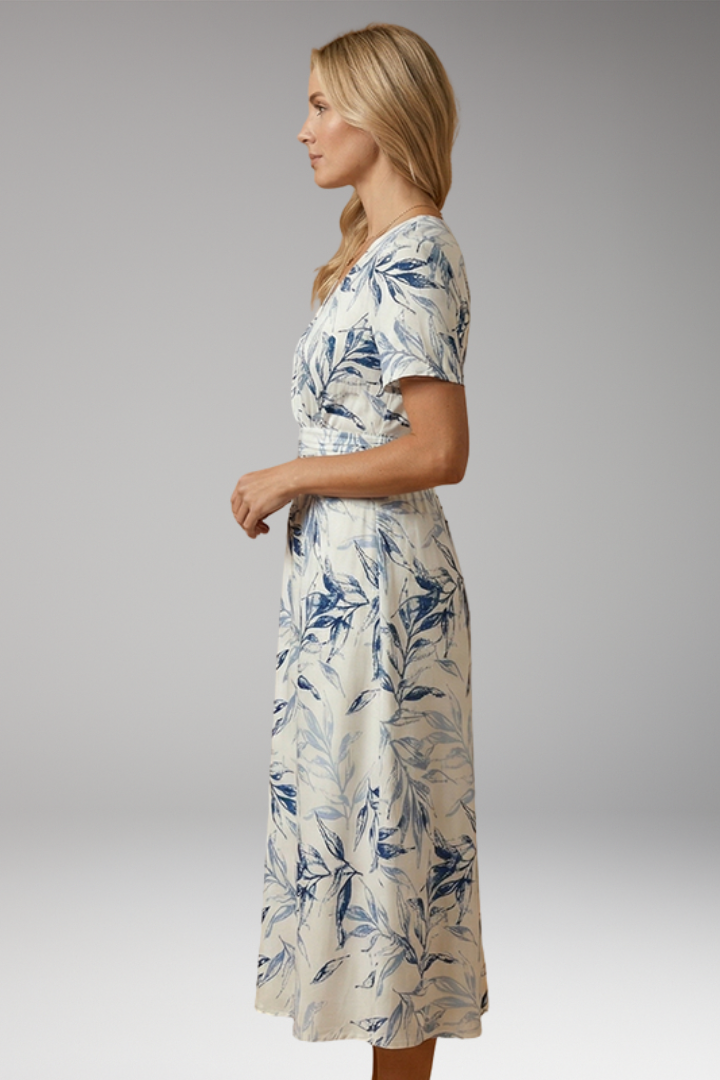 Women's Midi Dress with Floral Pattern and Wrap Neckline