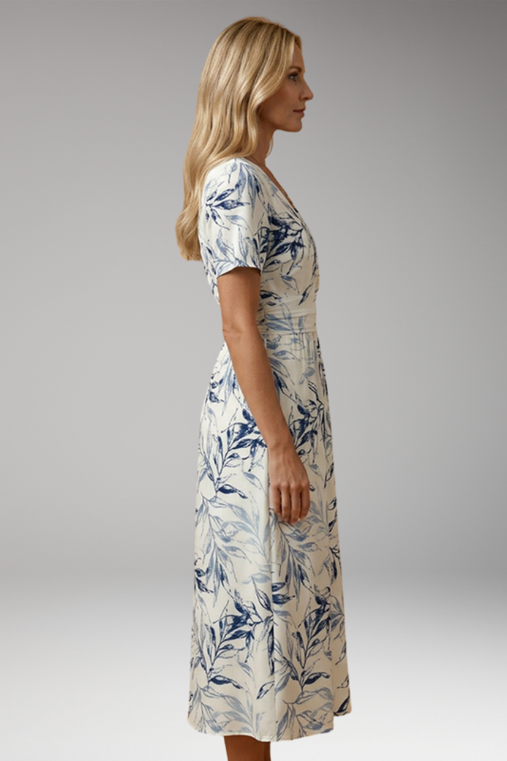 Women's Midi Dress with Floral Pattern and Wrap Neckline