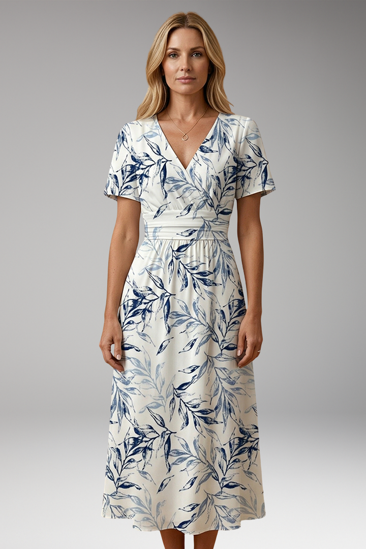 Women's Midi Dress with Floral Pattern and Wrap Neckline