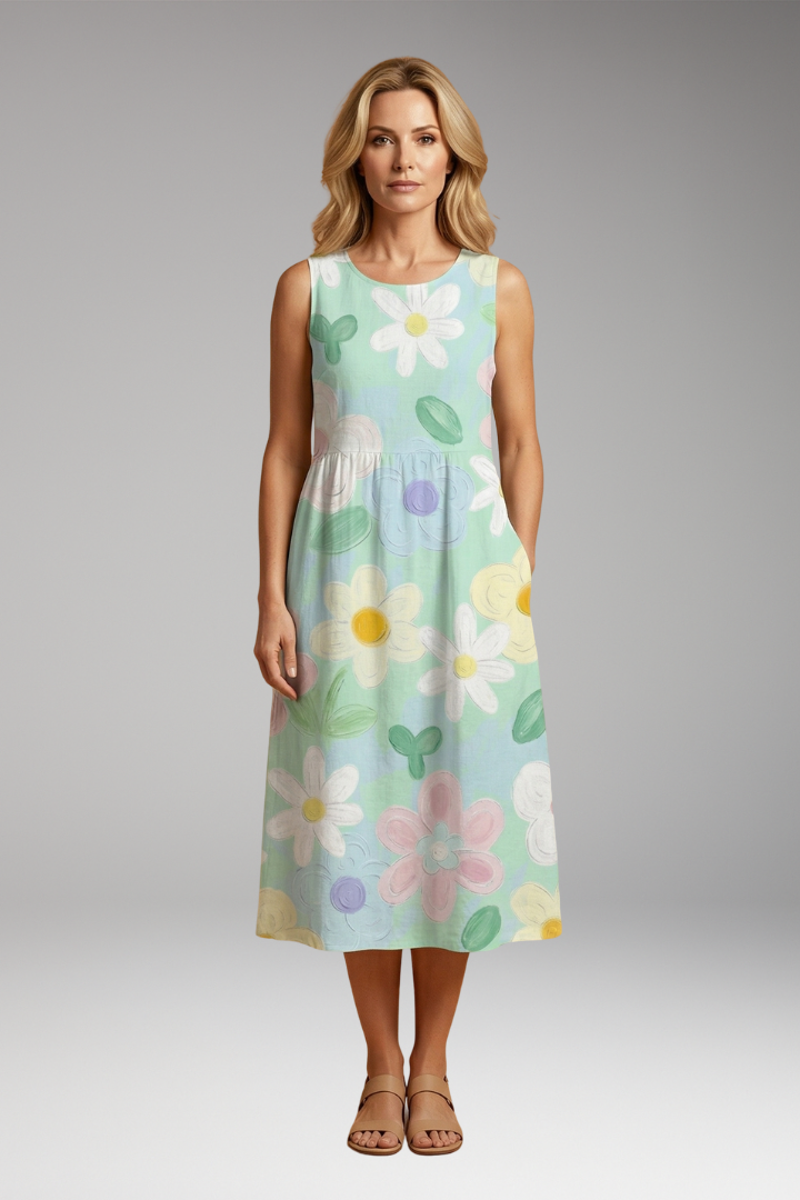 Women's Midi Dress with Floral Print and Loose Fit