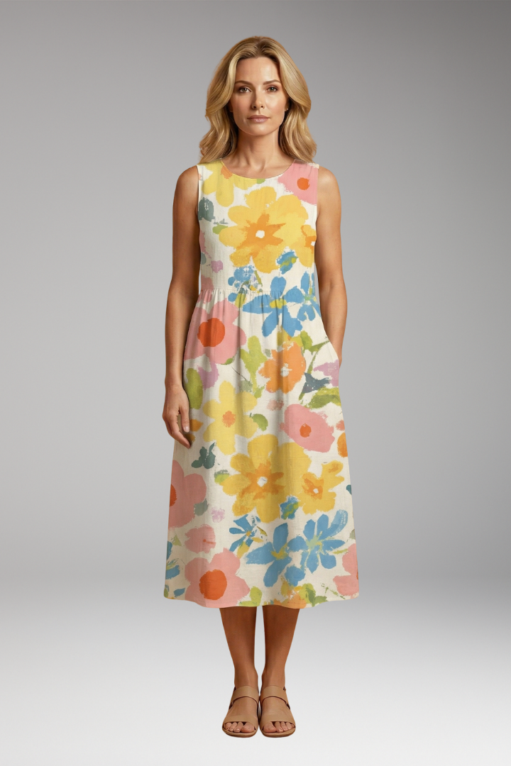 Women's Midi Dress with Floral Print and Loose Fit