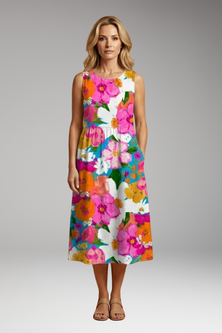 Women's Midi Dress with Floral Print and Loose Fit