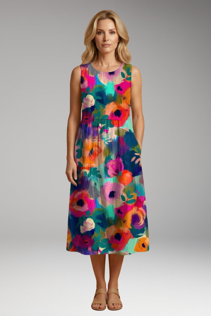 Women's Midi Dress with Floral Print and Loose Fit