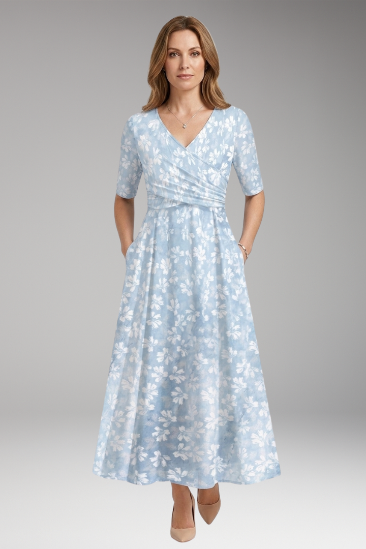 Women's Midi Dress with Floral Print and Pockets