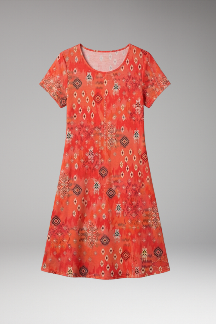 Women's Midi Dress with Floral Print and Short Sleeves