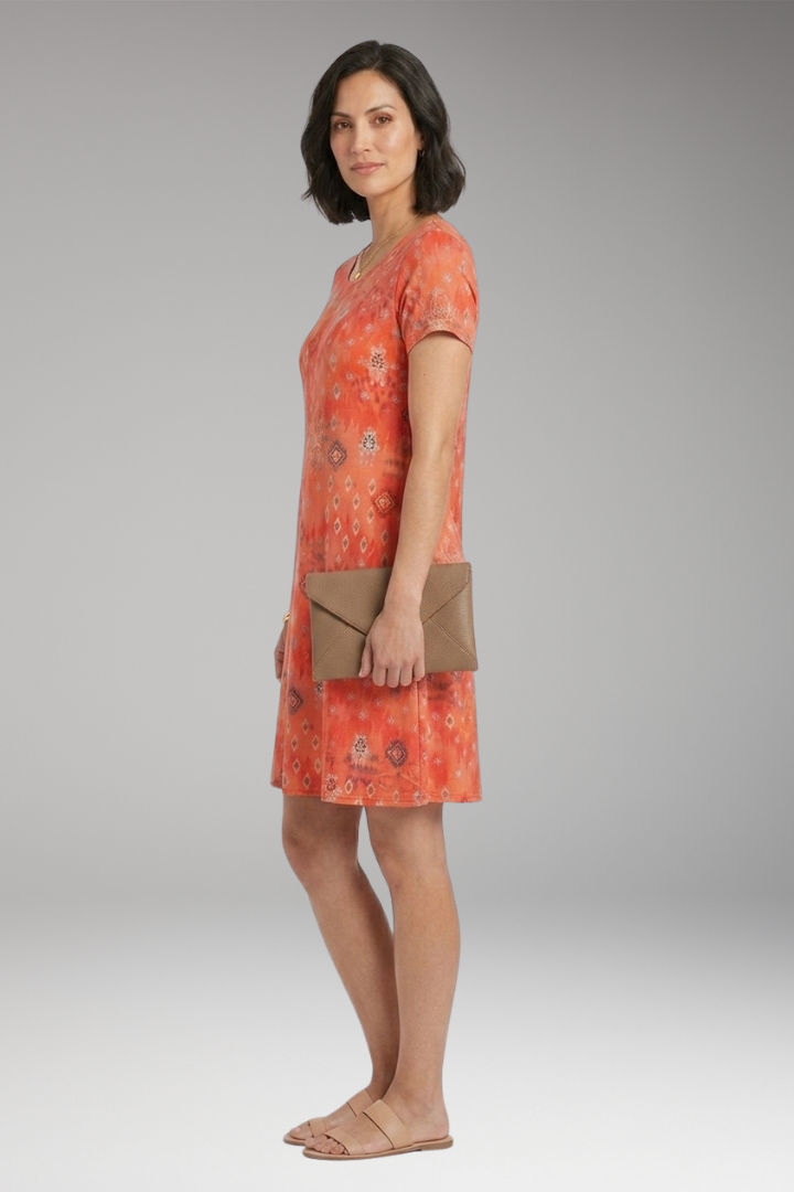 Women's Midi Dress with Floral Print and Short Sleeves