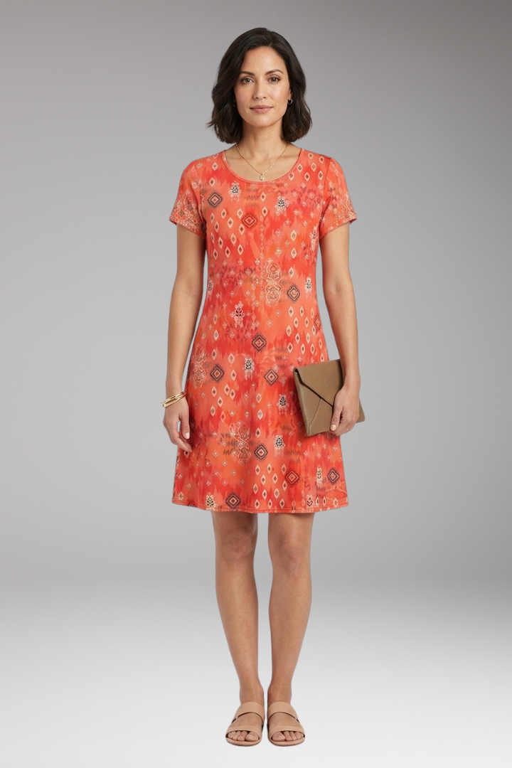 Women's Midi Dress with Floral Print and Short Sleeves