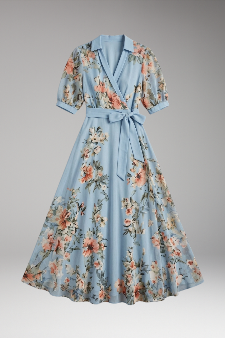 Women's Midi Dress with Floral Print and V-Neckline