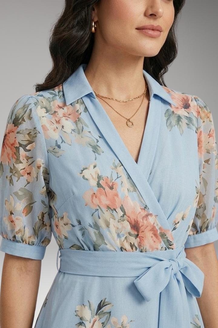 Women's Midi Dress with Floral Print and V-Neckline