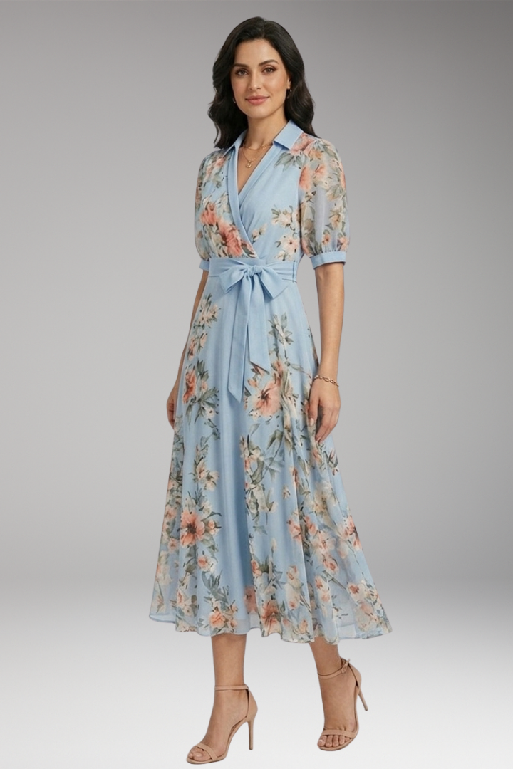 Women's Midi Dress with Floral Print and V-Neckline