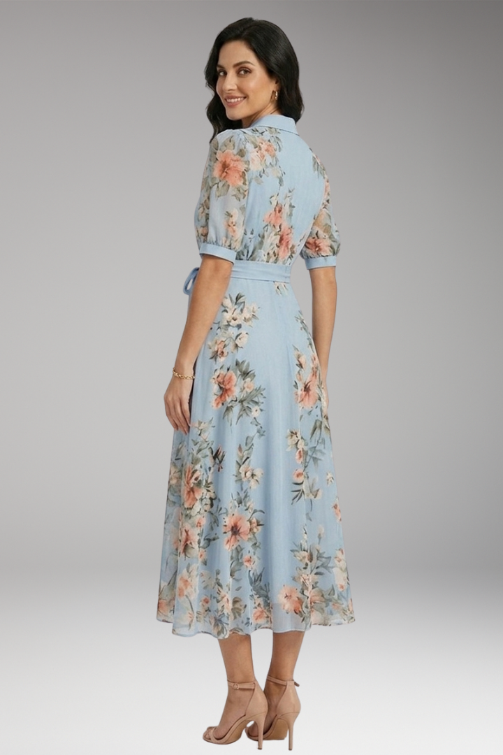 Women's Midi Dress with Floral Print and V-Neckline