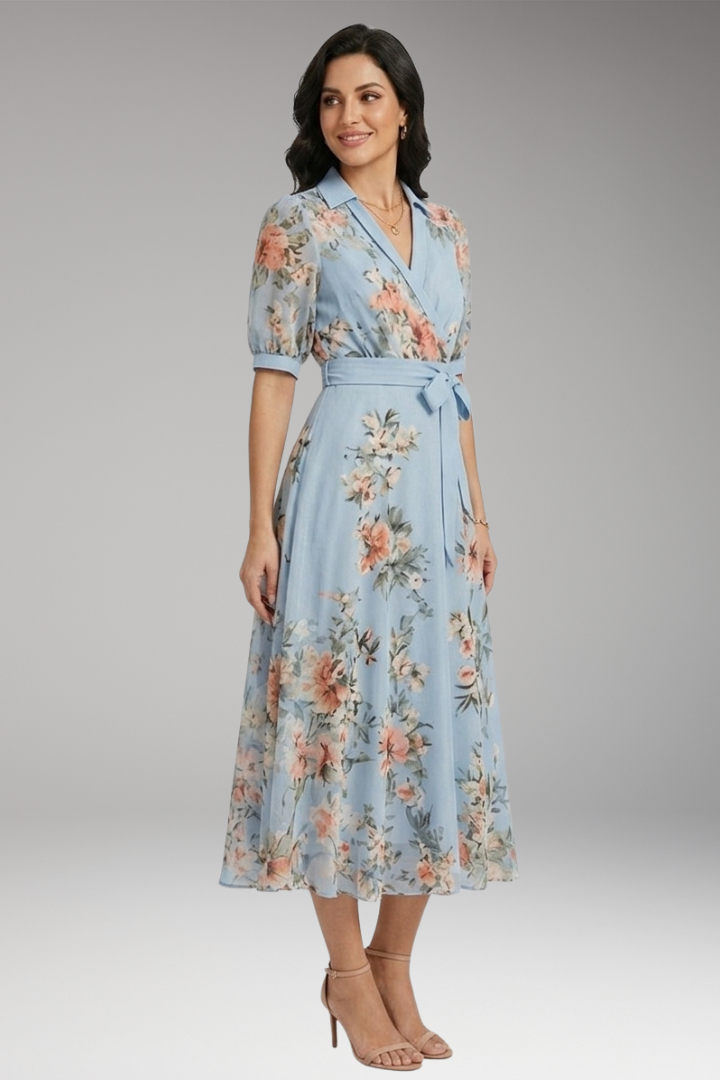 Women's Midi Dress with Floral Print and V-Neckline