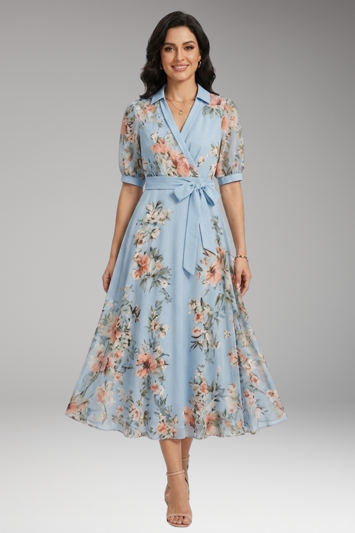 Women's Midi Dress with Floral Print and V-Neckline