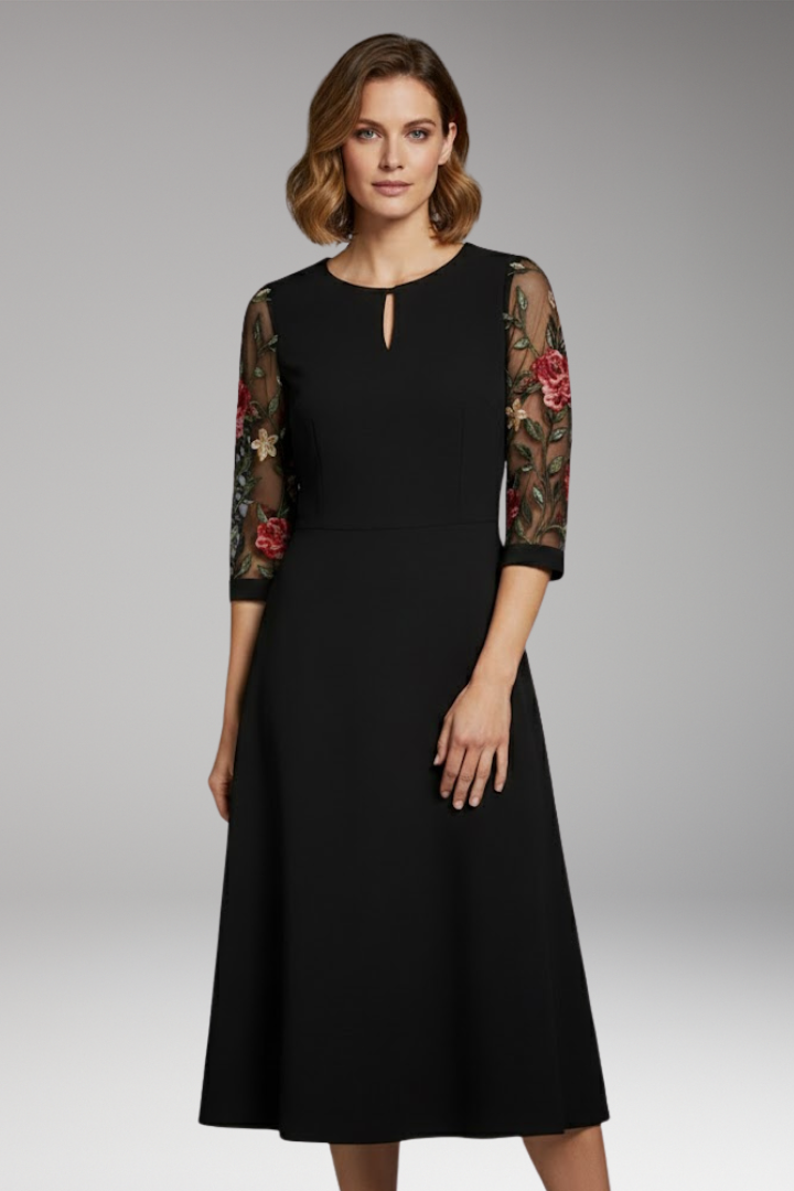 Women's Midi Dress with Floral Sleeves and Keyhole Neckline