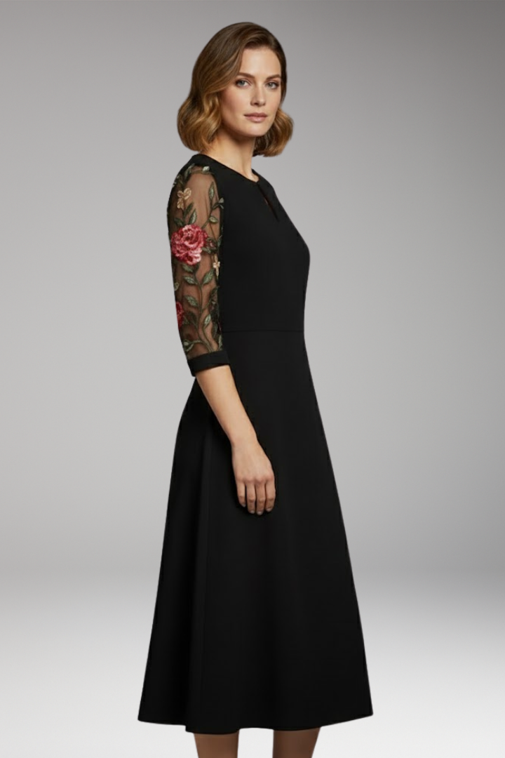 Women's Midi Dress with Floral Sleeves and Keyhole Neckline