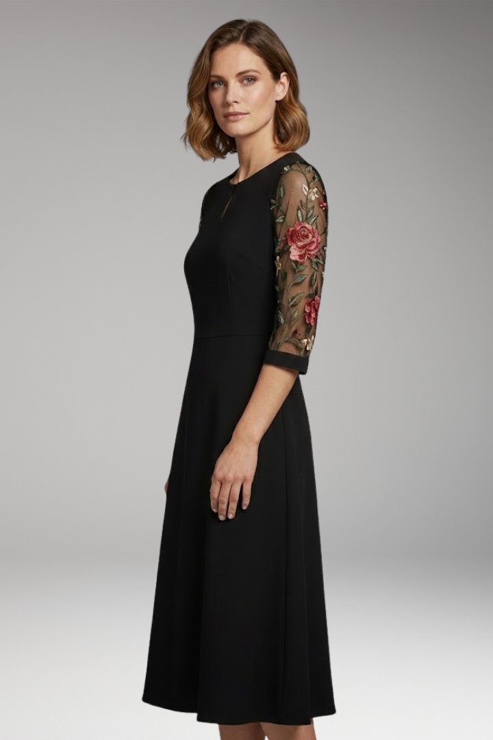Women's Midi Dress with Floral Sleeves and Keyhole Neckline