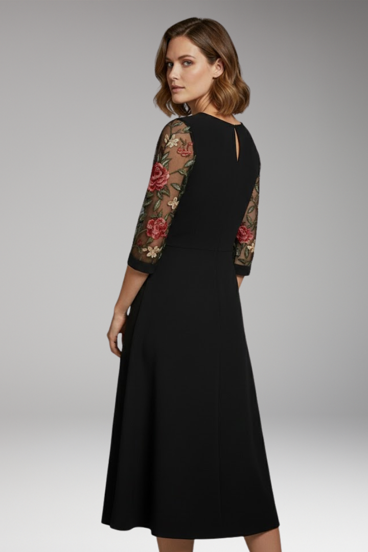 Women's Midi Dress with Floral Sleeves and Keyhole Neckline
