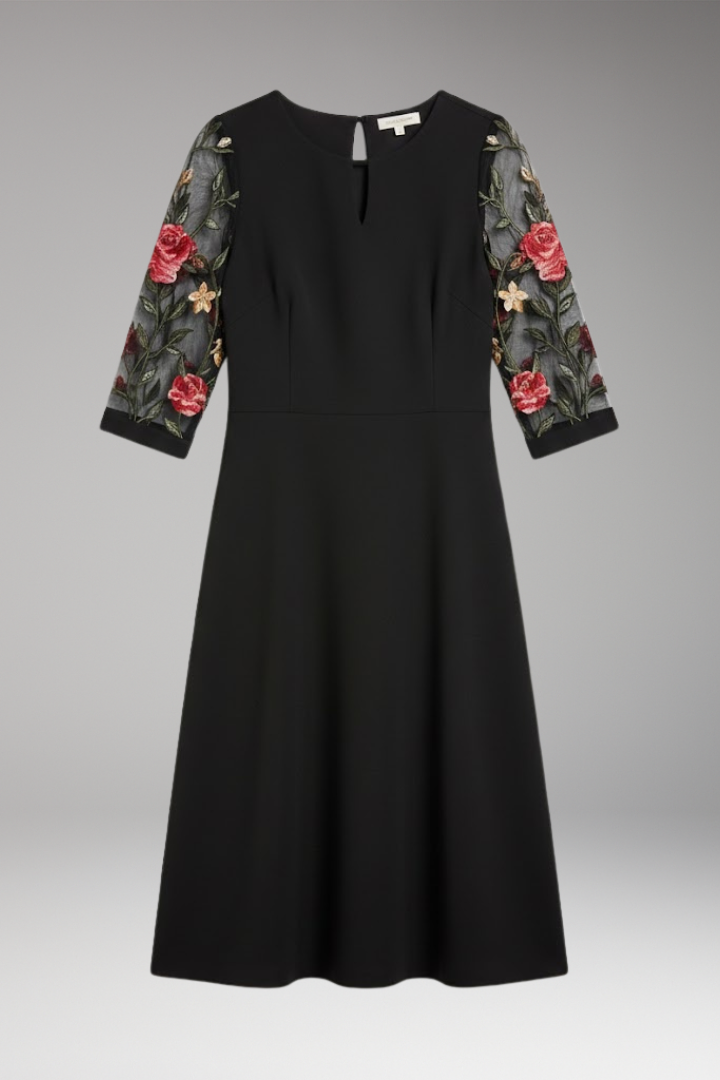 Women's Midi Dress with Floral Sleeves and Keyhole Neckline