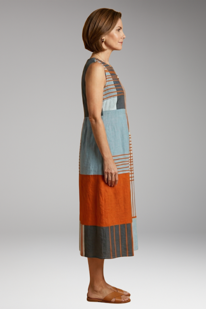 Women's Midi Dress with Geometric Pattern and Pockets