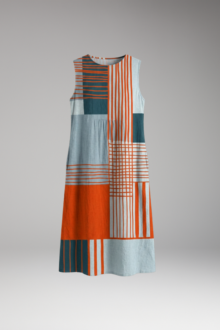 Women's Midi Dress with Geometric Pattern and Pockets