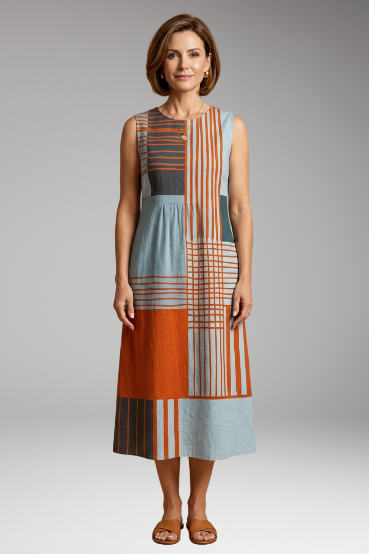 Women's Midi Dress with Geometric Pattern and Pockets