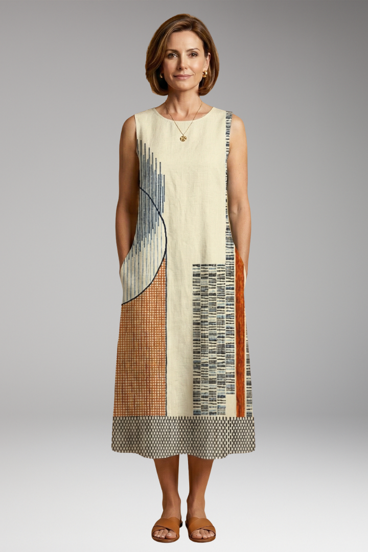 Women's Midi Dress with Geometric Pattern and Pockets