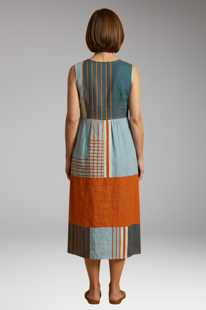 Women's Midi Dress with Geometric Pattern and Pockets