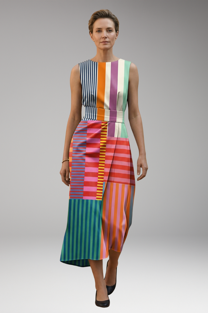 Women's Midi Dress with Geometric Pattern and Short Sleeves