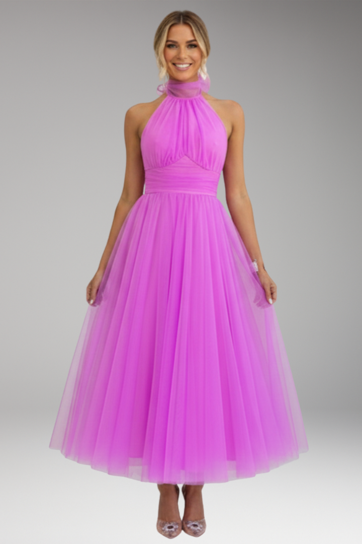 Women's Midi Dress with Halter Neck and Tulle Skirt