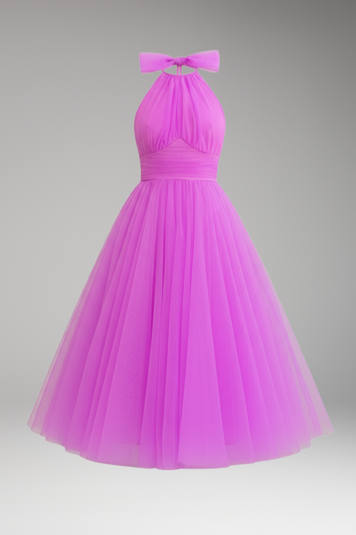 Women's Midi Dress with Halter Neck and Tulle Skirt