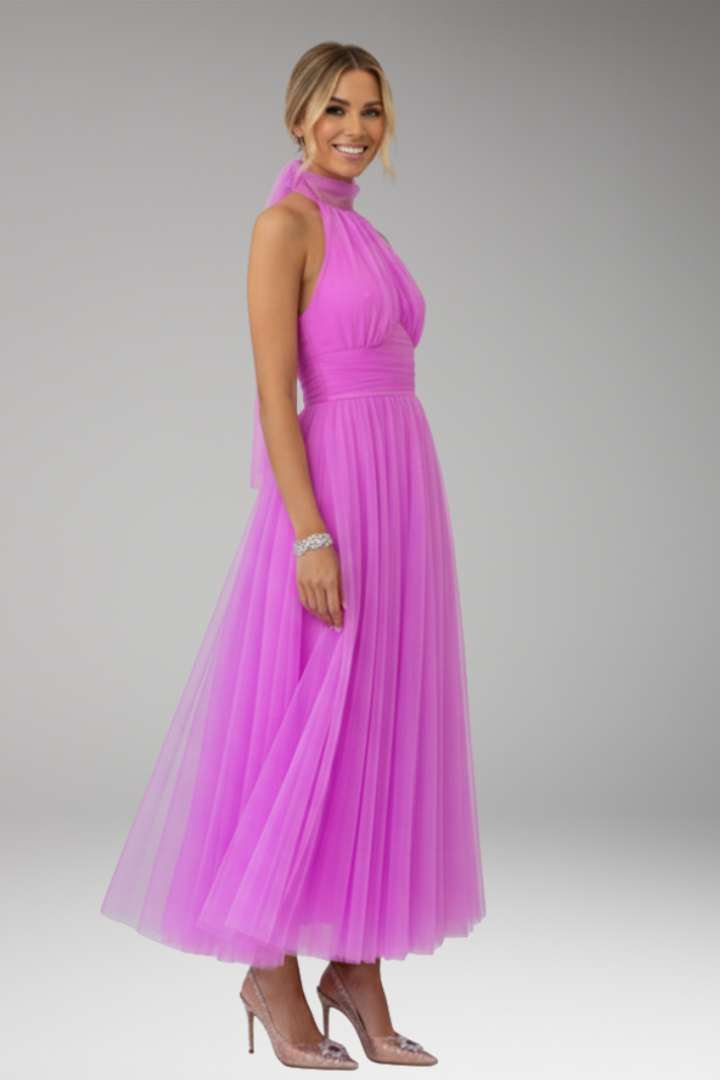 Women's Midi Dress with Halter Neck and Tulle Skirt