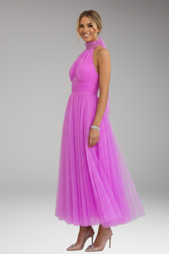 Women's Midi Dress with Halter Neck and Tulle Skirt