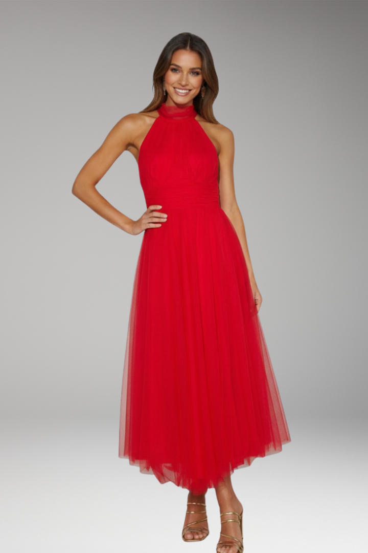 Women's Midi Dress with Halter Neck and Tulle Skirt