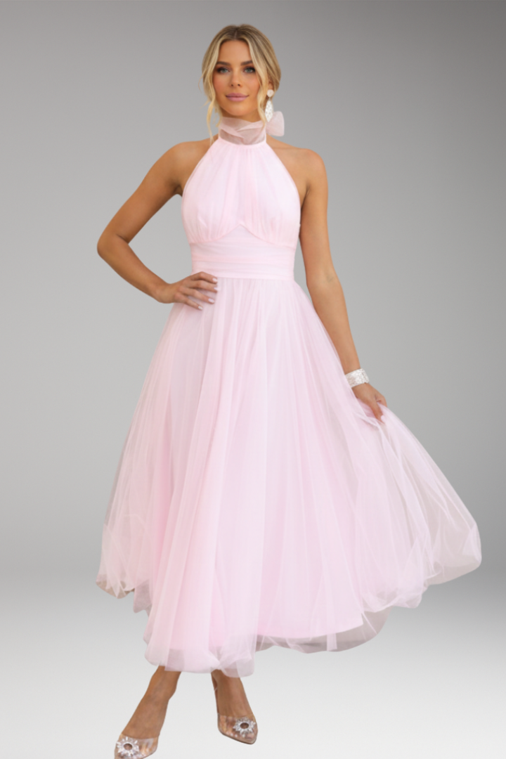 Women's Midi Dress with Halter Neck and Tulle Skirt