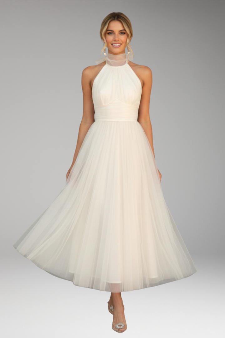 Women's Midi Dress with Halter Neck and Tulle Skirt