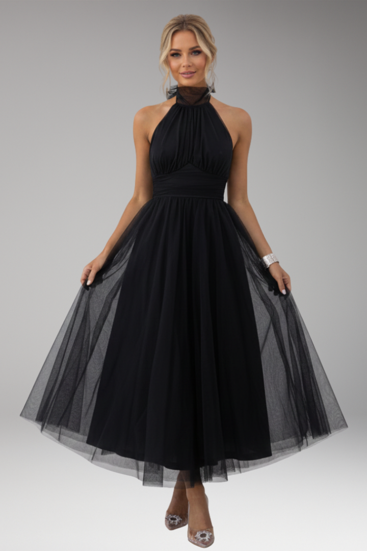 Women's Midi Dress with Halter Neck and Tulle Skirt