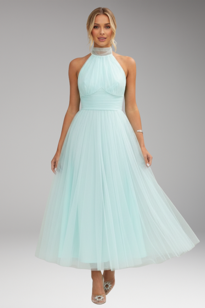 Women's Midi Dress with Halter Neck and Tulle Skirt
