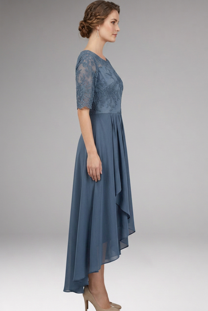 Women's Midi Dress with High Waist and Short Sleeves